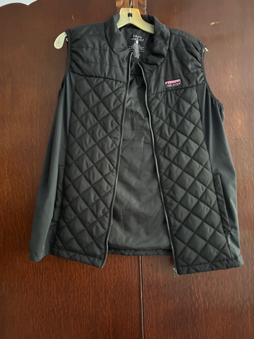 Simply Southern Black Quilted Vest with Pink Accent Patch